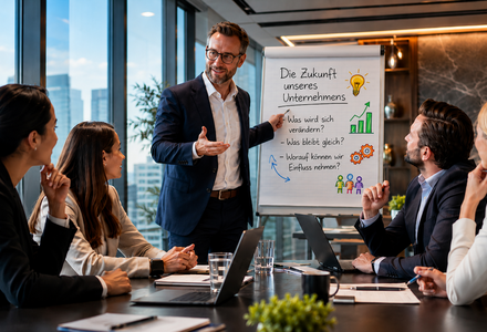 Mann steht am Flipchart