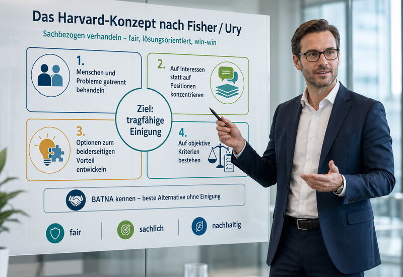 Dozent vor Schautafel: Das Havard-Konzept nach Fisher Ury