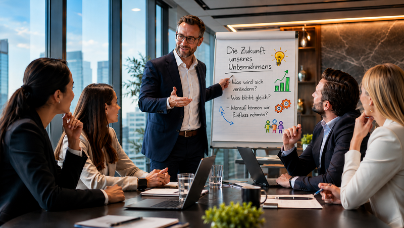Mann steht am Flipchart